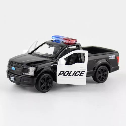 Black police pickup diecast toy truck with white POLICE door and blue/red light bar