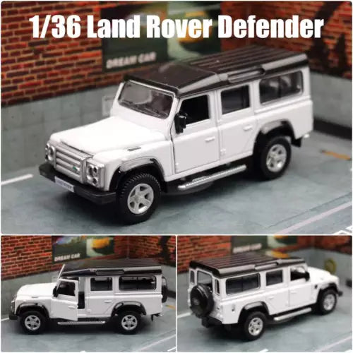 White 1/36 scale diecast SUV model with open grille and roof rack detail