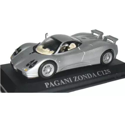 Gray die-cast supercar model on black display base, open cockpit details