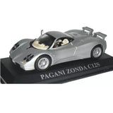 Gray die-cast supercar model on black display base, open cockpit details