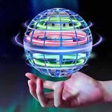 Mini flying orb drone with LED glow, held in a hand