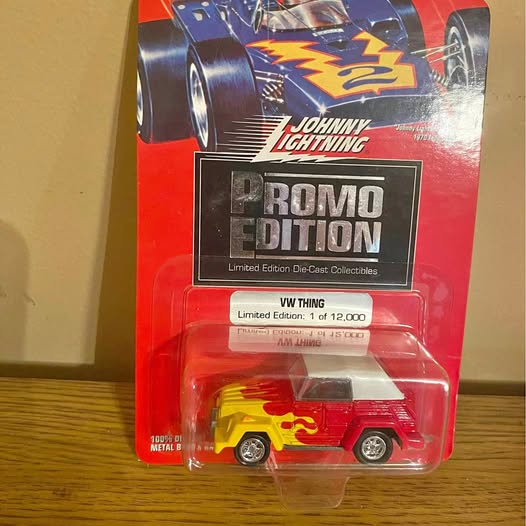 Flame yellow die-cast model car in blister card package, Promo Edition label