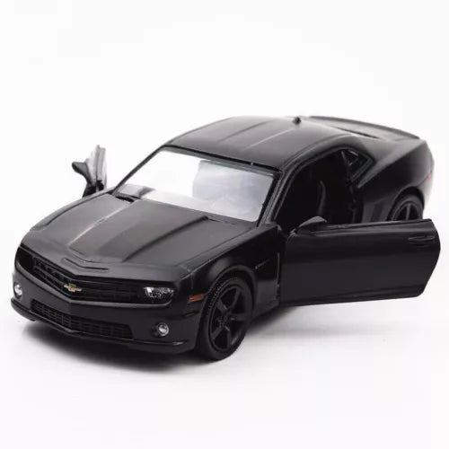 1:36 Chevrolet Camaro diecast toy car, dark gray, front 3/4 view with open door