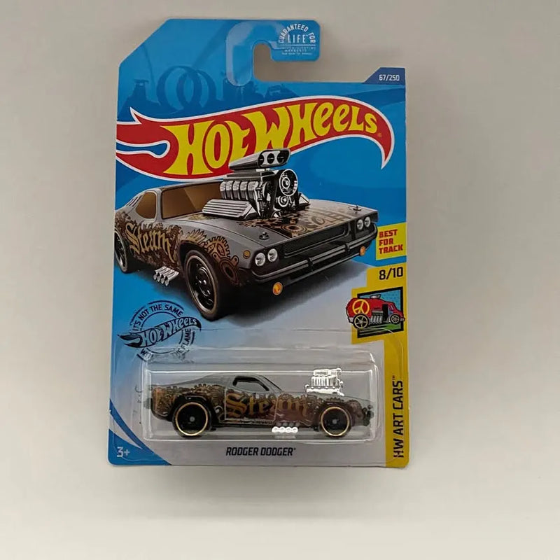 Hot Wheels die-cast car in blister pack, dark grey pickup with exposed engine details