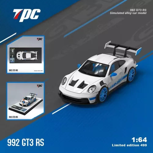 1:64 diecast model car of a white Porsche 911 GT3 RS with blue accents and rear wing