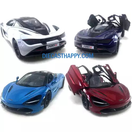 Set of four 1:36 scale diecast sports cars in white, blue, red, purple.