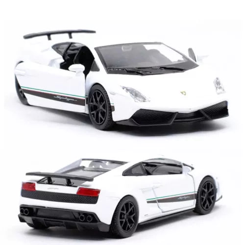 White Lamborghini diecast model car with black wheels, front and rear views