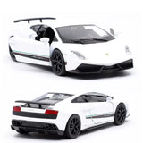 White Lamborghini diecast model car with black wheels, front and rear views