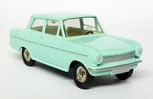 Light blue diecast model car with openable doors, front three-quarter view