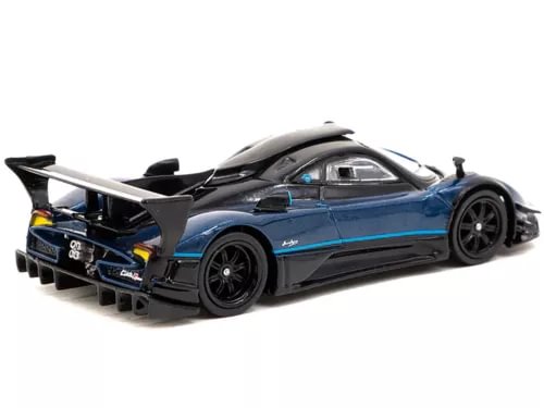 Blue metallic diecast model car with black stripes, front three-quarter view, doors open