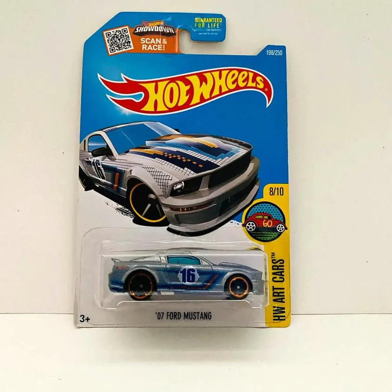 Hot Wheels '07 Ford Mustang diecast car, blue and gray, in box