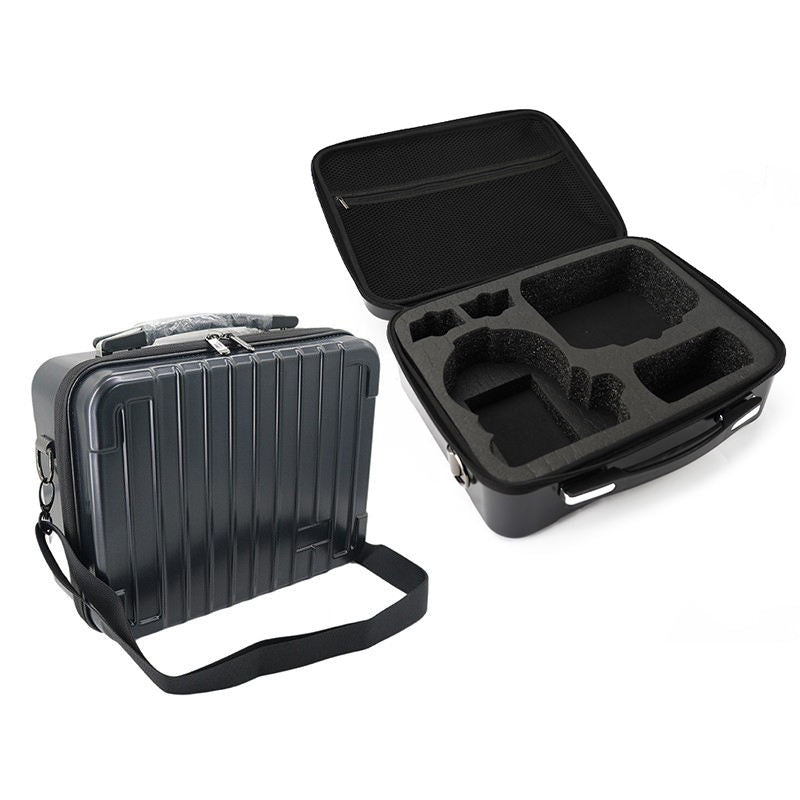 Waterproof hard-shell drone safety case with foam insert and shoulder strap, open and closed view