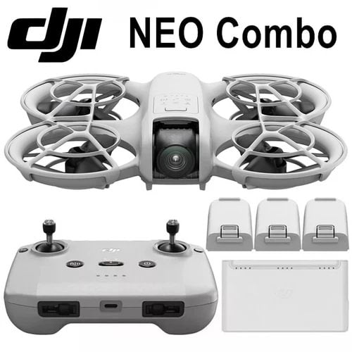 Light gray quadcopter drone with camera and white remote controller kit