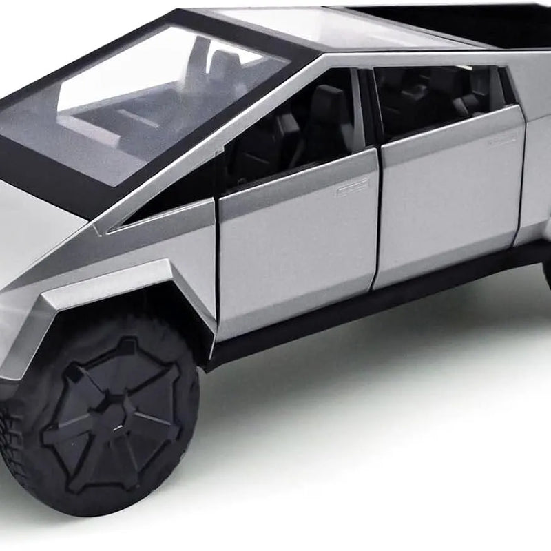 1:32 scale Cybertruck diecast model with silver body and black wheels, side view