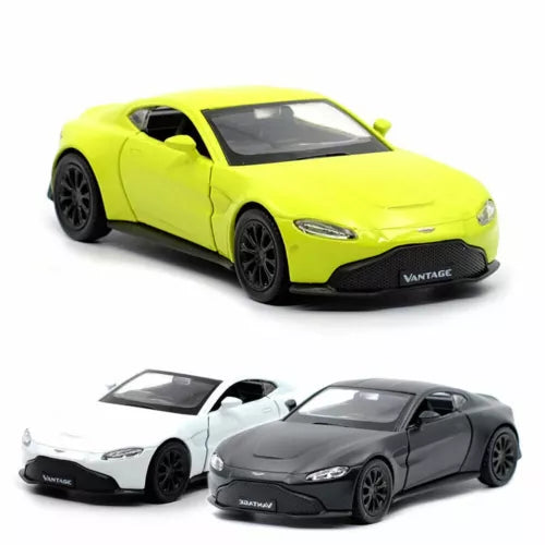 1:36 scale diecast model car, lime green and dark gray coupe with front details