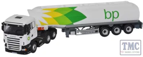 White Scania diecast bp tanker truck with green and yellow logo, three-axle trailer