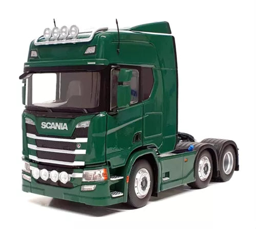 Green Scania R500 6x2 diecast truck cab with chrome grille and headlights