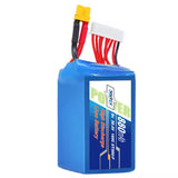 Blue drone LiPo battery pack with label and red/black wires and yellow connector