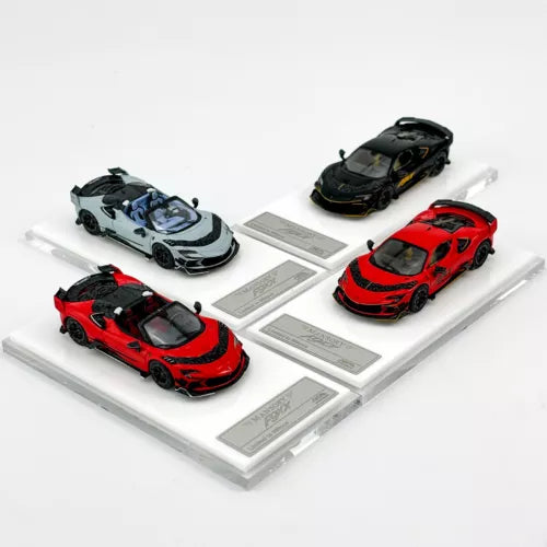 1:64 diecast alloy car model set with red, black, and blue sports cars on bases