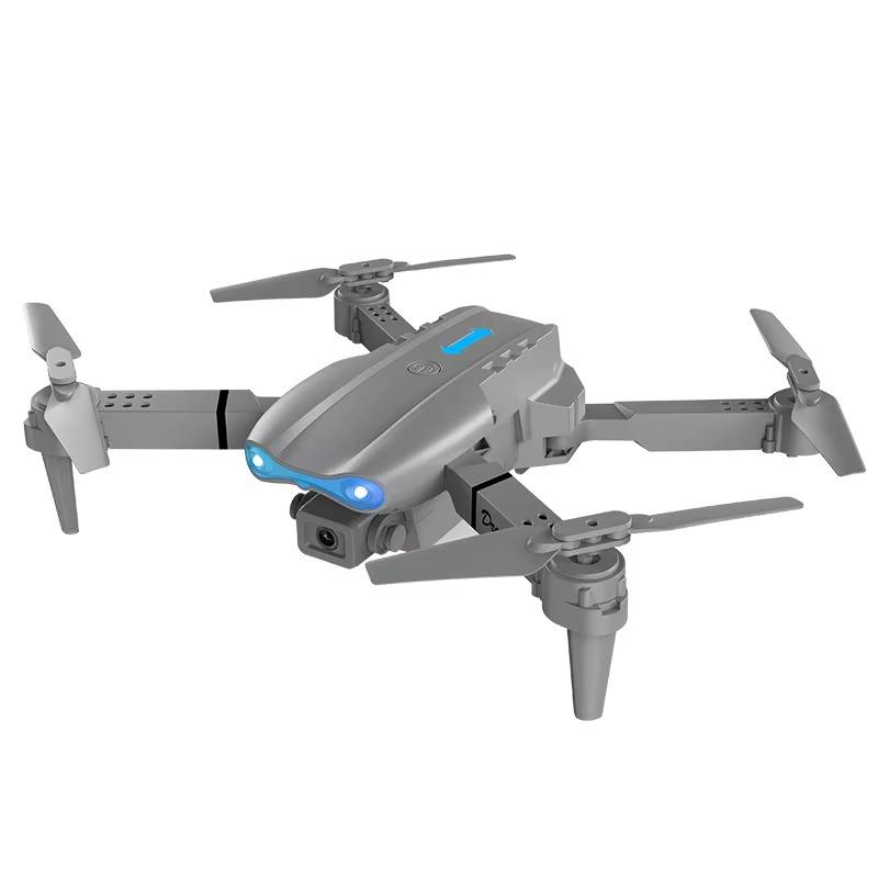 Foldable quadcopter drone with propellers, front camera, and blue status light