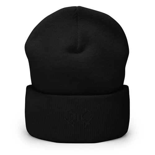 Black cuffed knit beanie with embroidered logo