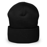 Black cuffed knit beanie with embroidered logo