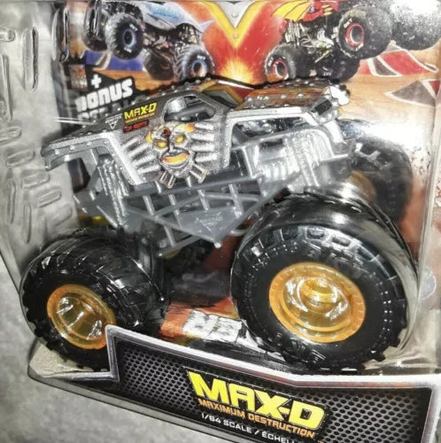 MAX-D 1:64 diecast monster truck, black wheels, grey frame, yellow hub details