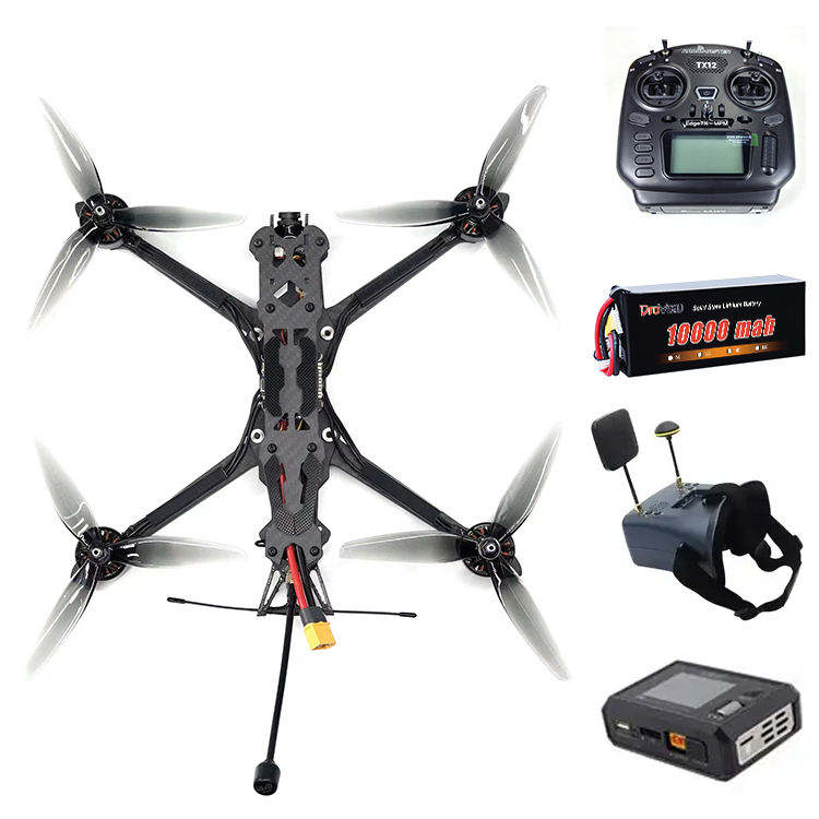 FPV racing drone with transmitter, battery pack, and receiver module