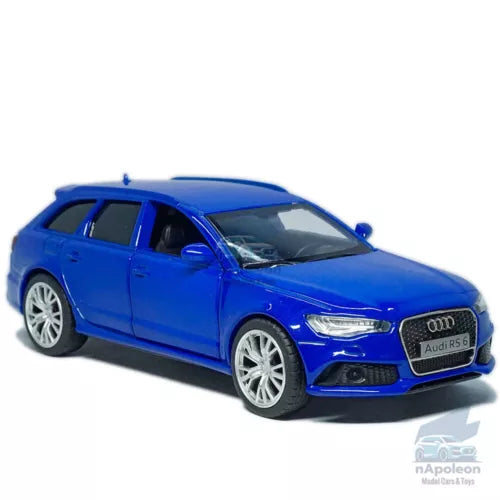 1:36 Audi RS6 Avant diecast model car, blue, front 3/4, pull-back.