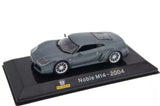 Gray 1:43 scale diecast model car with Noble M14-2004 label base