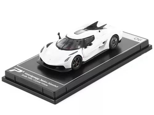 Koenigsegg Jesko Absolut 1/64 diecast model car, white metallic, on black display base