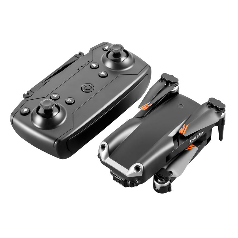 RC quadcopter drone and remote controller, dark gray plastic with camera module