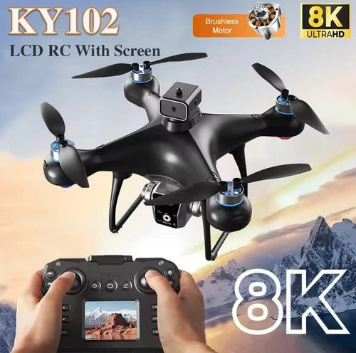 Black quadcopter drone with 4 propellers and handheld remote controller