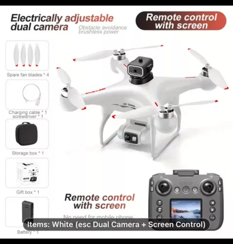 White quadcopter drone with dual cameras and remote control with screen