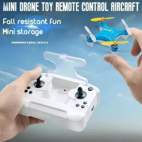 Mini quadcopter drone with remote controller and four propeller arms