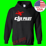 Men's black hoodie sweatshirt with front drone pilot graphic and kangaroo pocket