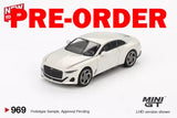 Mini GT diecast model car of a white Bentley Batur coupe, front 3/4 view