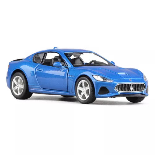 Blue diecast sports car model with detailed front grille, headlights, and alloy wheels