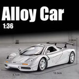 1:36 McLaren F1 1993 alloy diecast model car, silver, front 3/4 view