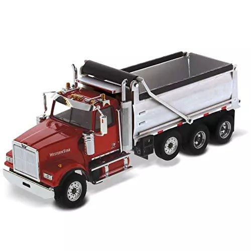 Diecast dump truck with red cab and silver dump bed, detailed wheels and grille