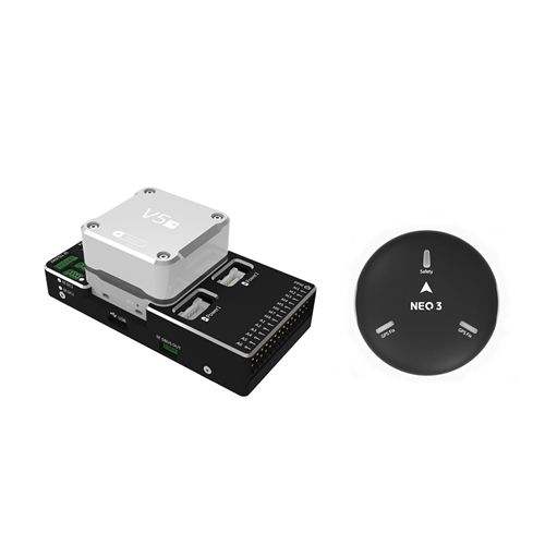 FPV flight controller module with GPS puck, gray box and black circular NEO 3