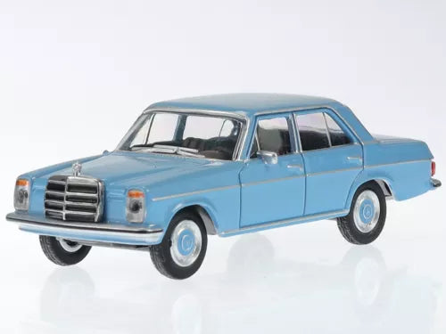 Schuco 1:64 Mercedes W115 200D diecast model car, light blue front three-quarter view