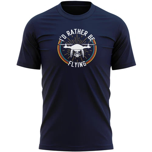 Men's navy graphic T-shirt with drone and text “I'd Rather Be Flying”
