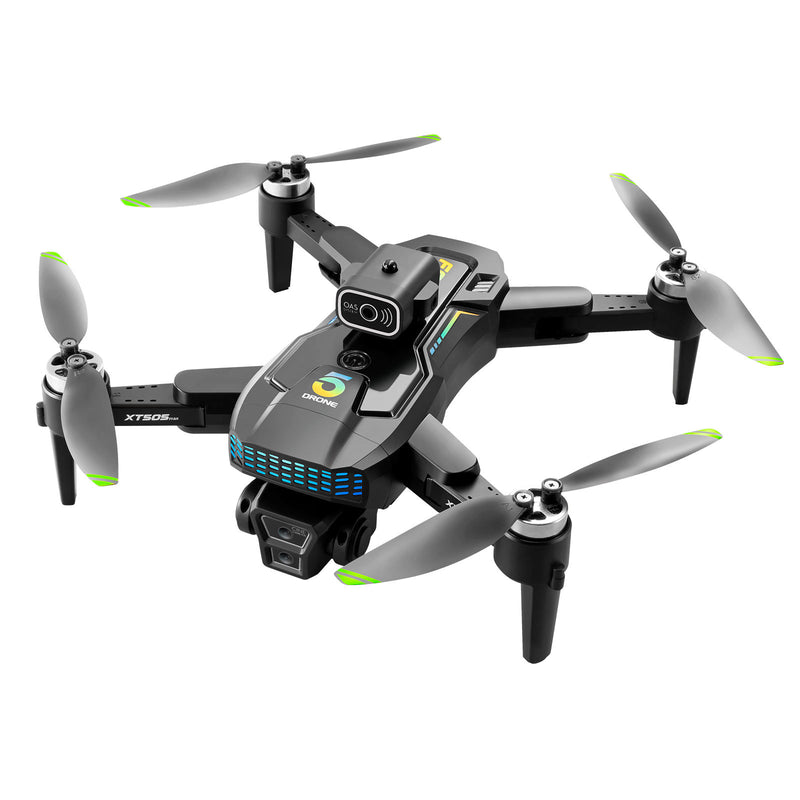 Foldable black quadcopter drone with four green-blade propellers and dual camera module