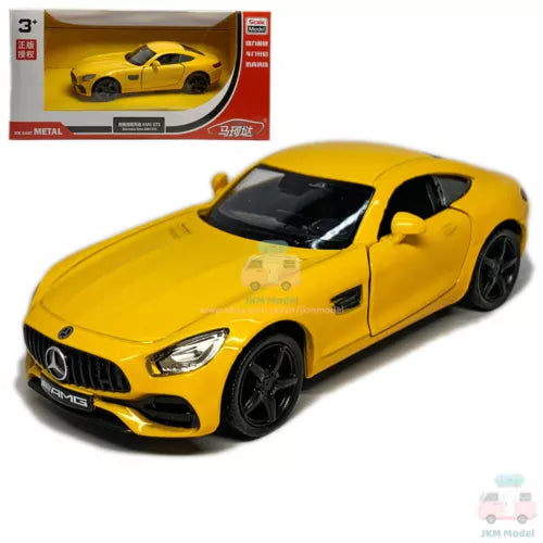 Yellow Mercedes-AMG GTS diecast model car toy with black wheels and windshield