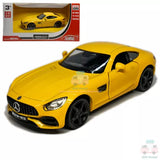 Yellow Mercedes-AMG GTS diecast model car toy with black wheels and windshield