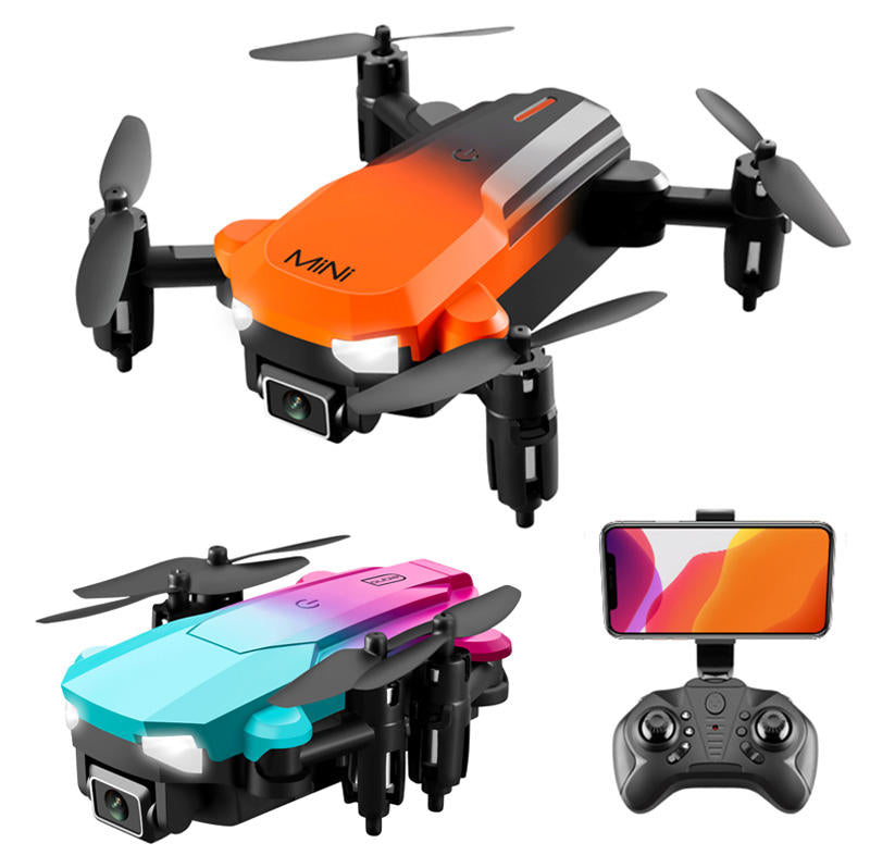 Quadcopter drone with onboard camera, shown in orange and teal with controller and phone mount