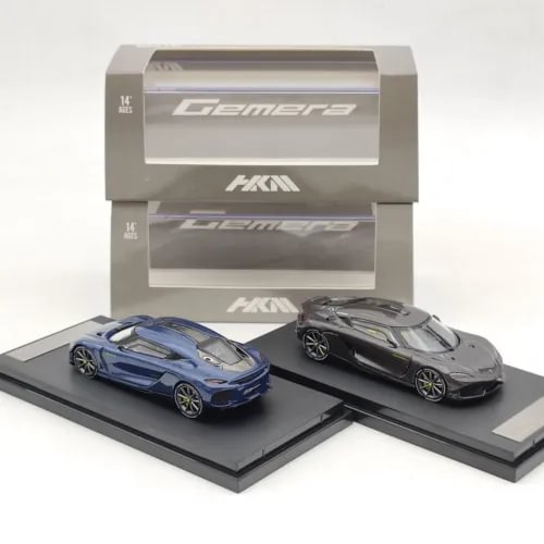 Diecast hybrid supercar model set with blue and black cars on display bases