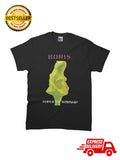 Black crewneck T-shirt with yellow green character graphic and BORIS/AMPLIFIER WORSHIP text
