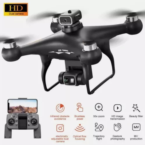 Black quadcopter drone with front HD camera and four propeller arms